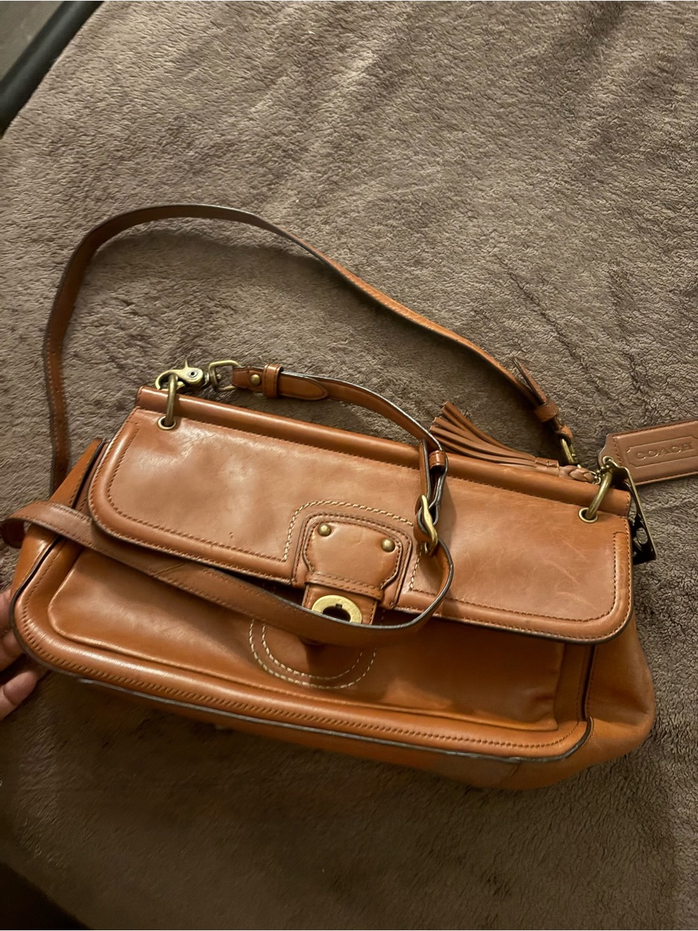 Coach Cognac Leather Crossbody Bag with Brass Hardware